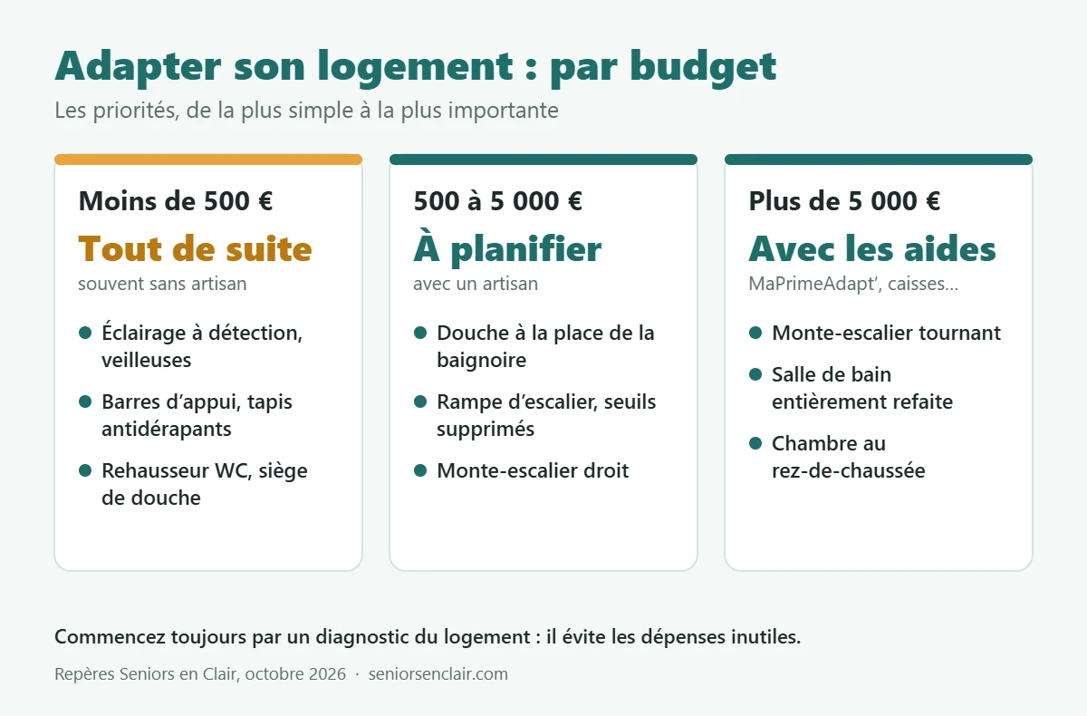 Adapter son logement par budget : moins de 500 € tout de suite, 500 à 5 000 € à planifier avec un artisan, plus de 5 000 € avec les aides