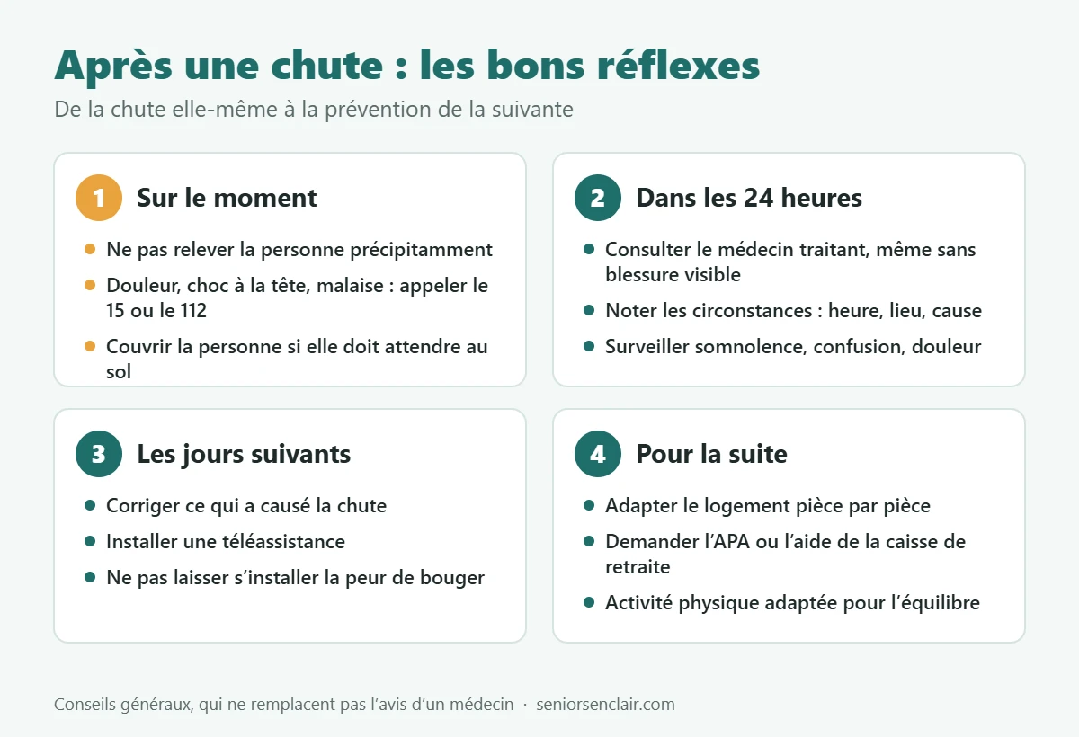 Après une chute : quatre étapes, sur le moment, dans les 24 heures, les jours suivants et pour la suite, avec les bons réflexes pour chacune